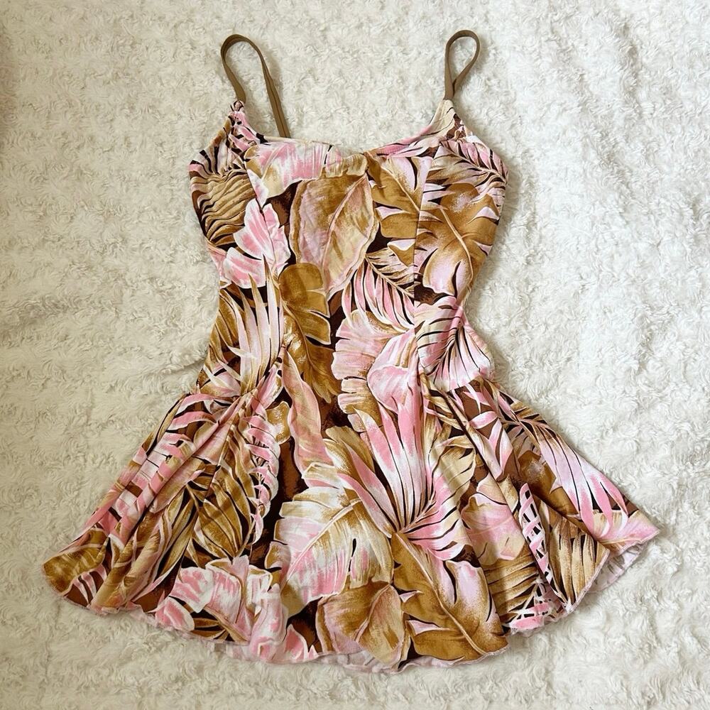 pink and brown floral palm tree leaf print one piece swimsuit dress